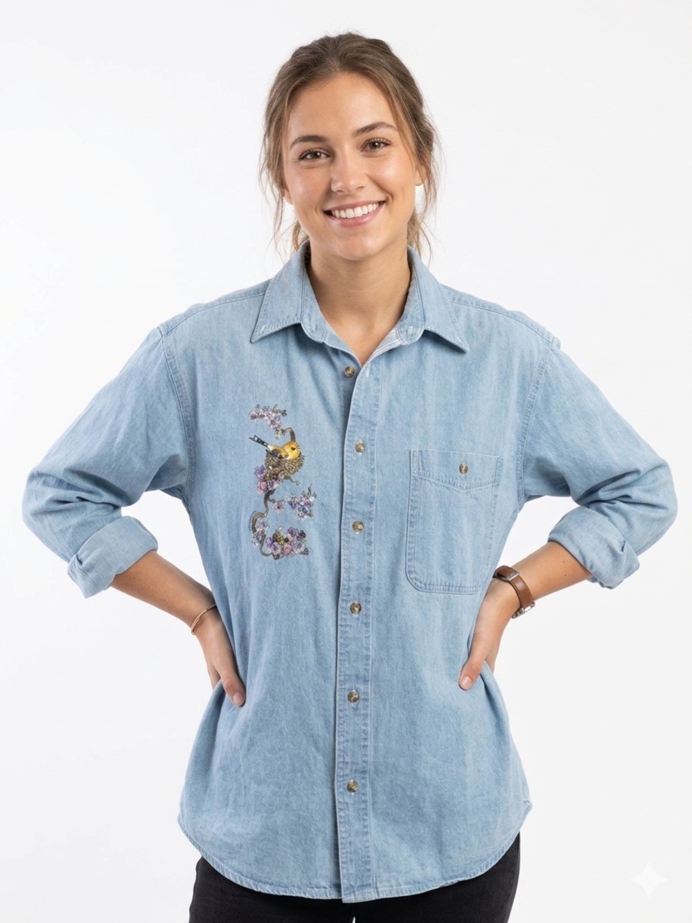 Vintage All Sport All Season Denim Shirt M Bird Floral Graphic Light Wash Cotton